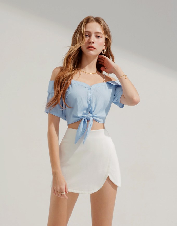 Pearl Chain Shoulder Lace-Up Top