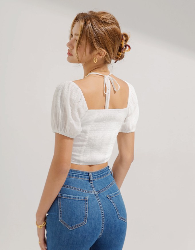 Shirred Plaid Crop Top
