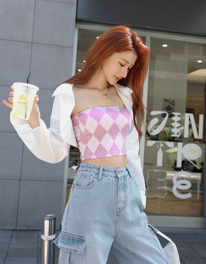 【AiR 2.0】Seamless Checkered Bra Padded Tube Top ( With Padding)