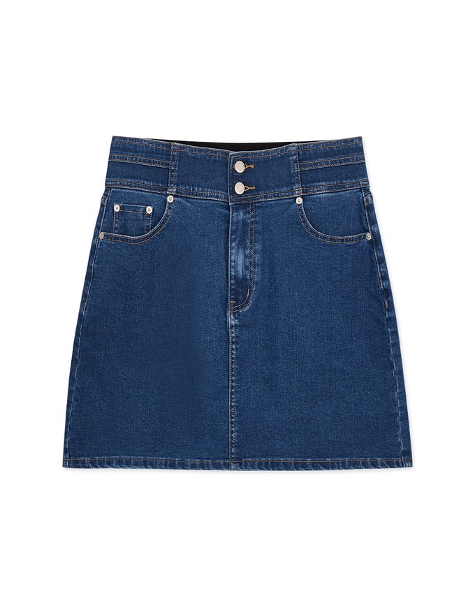 Stitched Double ButtonHigh Waisted Denim Jeans Skirt