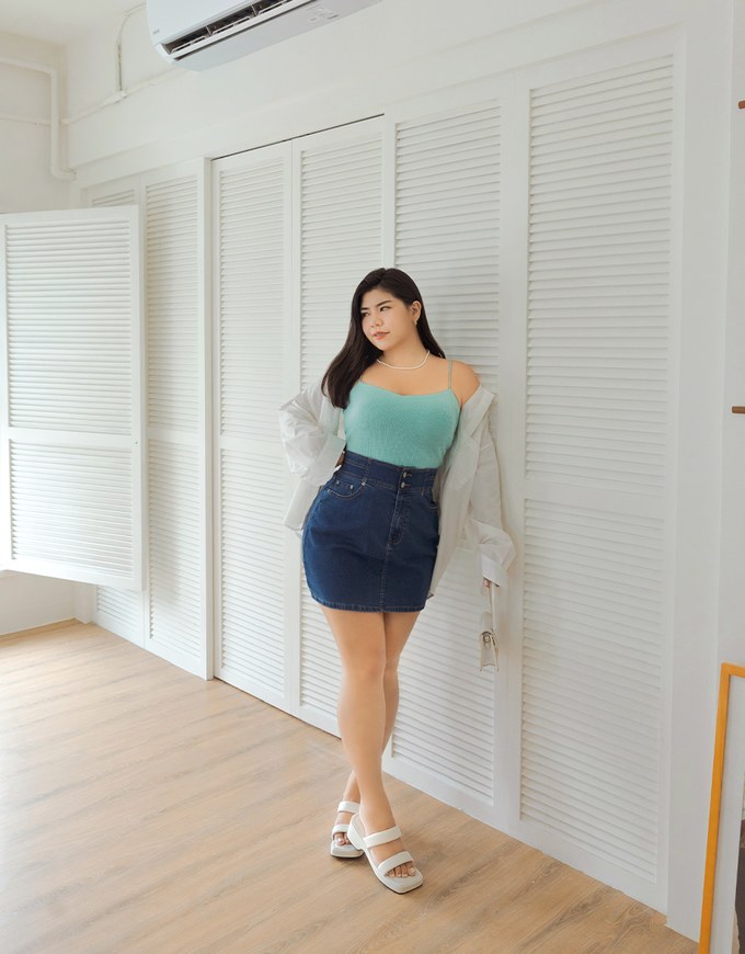 Stitched Double ButtonHigh Waisted Denim Jeans Skirt