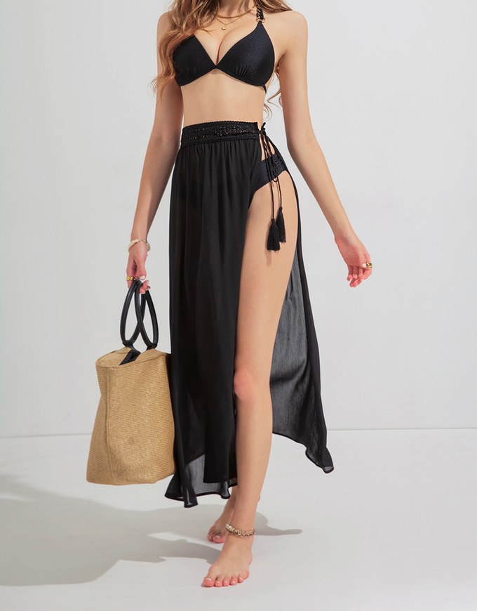 Lace Tassel Bikini Cover Wrap Skirt with Slit