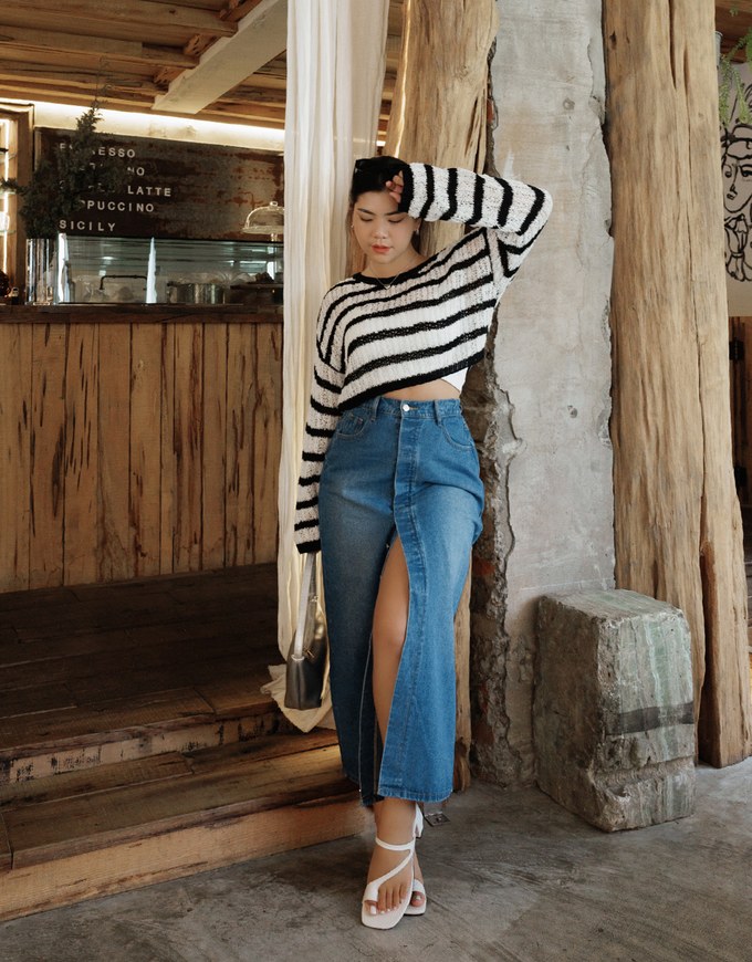 Concealed Placket Slit Denim Jeans Maxi Skirt