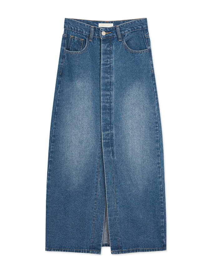 Concealed Placket Slit Denim Jeans Maxi Skirt