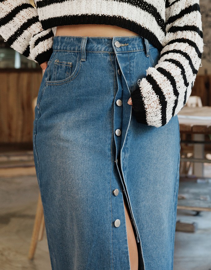 Concealed Placket Slit Denim Jeans Maxi Skirt