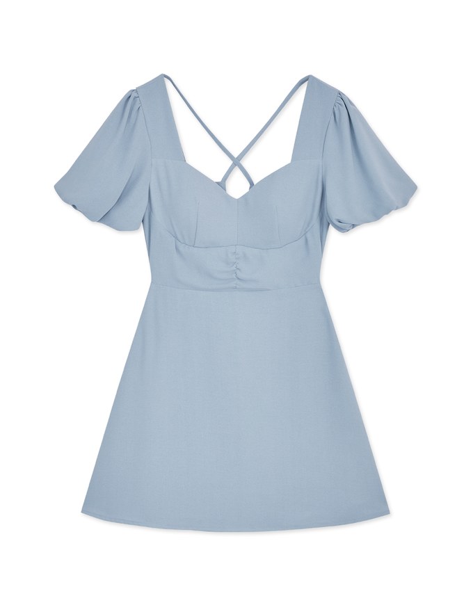 Peach Heart Neck Puffed Sleeves Strap Mini Dress (with padding)