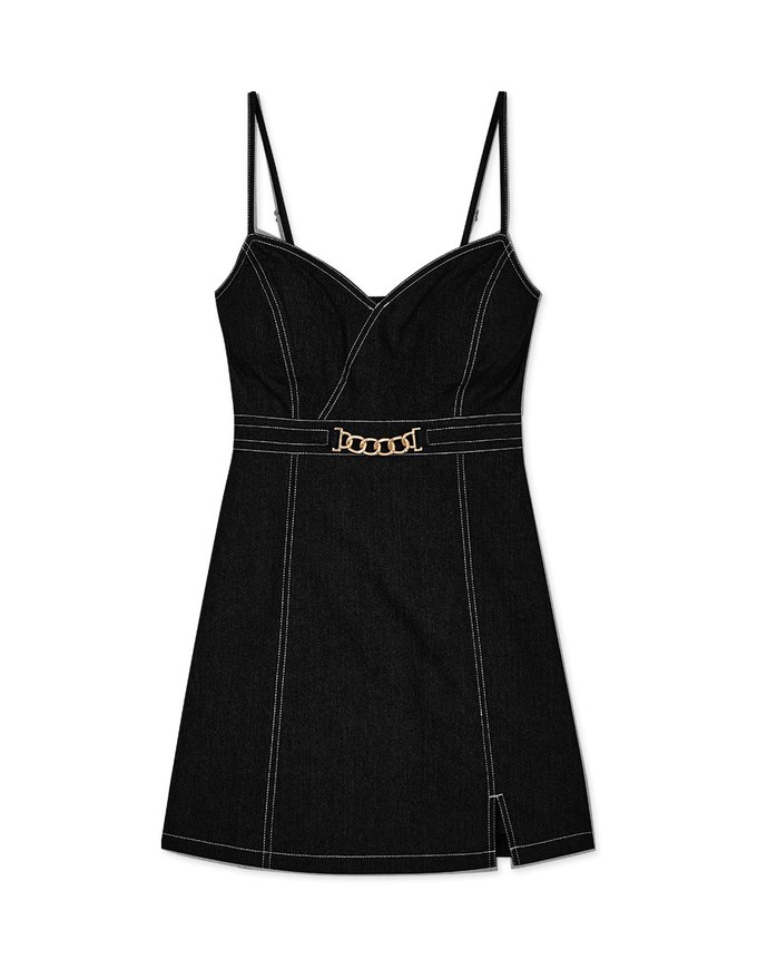Gold Chain Heart Collar Denim Jeans Mini Dress (With Padding)
