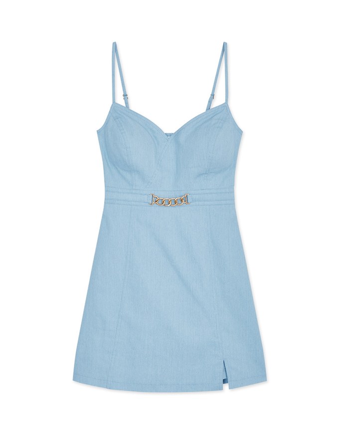 Gold Chain Heart Collar Denim Jeans Mini Dress (With Padding)