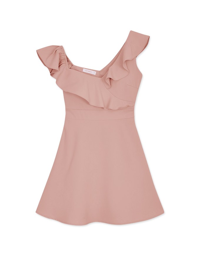 Slanted Shoulder Lotus Leaf Mini Dress
