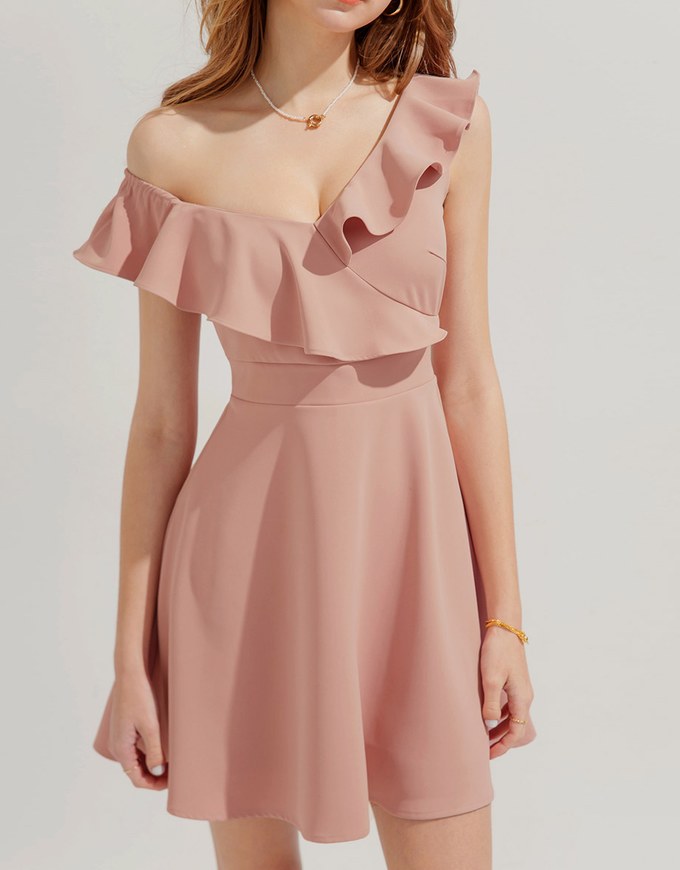 Slanted Shoulder Lotus Leaf Mini Dress