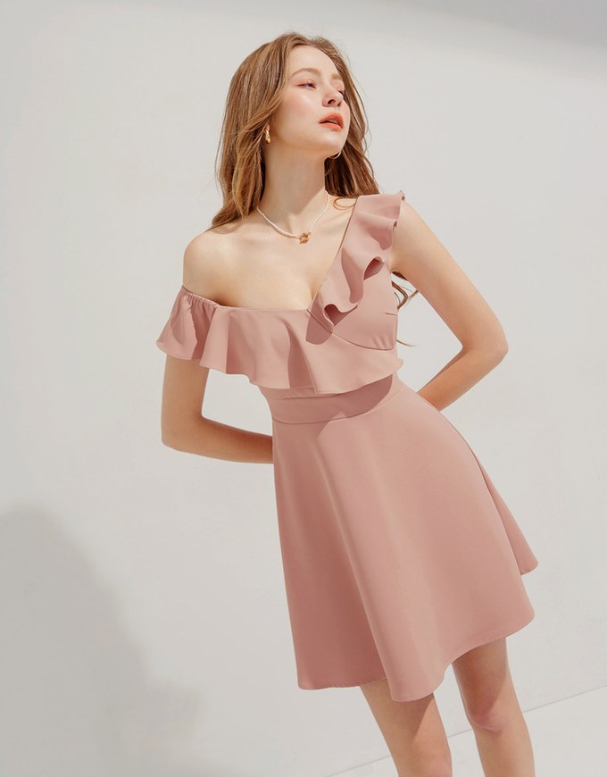 Slanted Shoulder Lotus Leaf Mini Dress