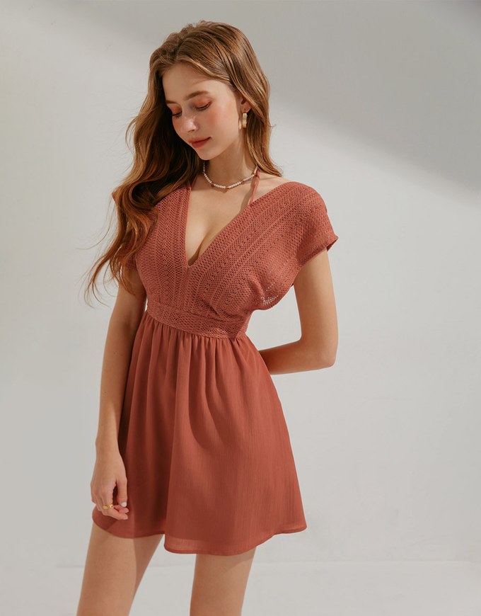 Deep V EmbroideredLace Strap Mini Dress (With Chest Pad)