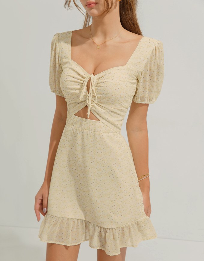 Floral Hollow Fishtail Mini Dress (With Padding)
