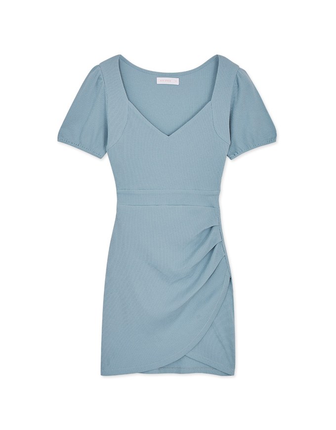 Heart Neck Puff Sleeves Shirred Mini Dress