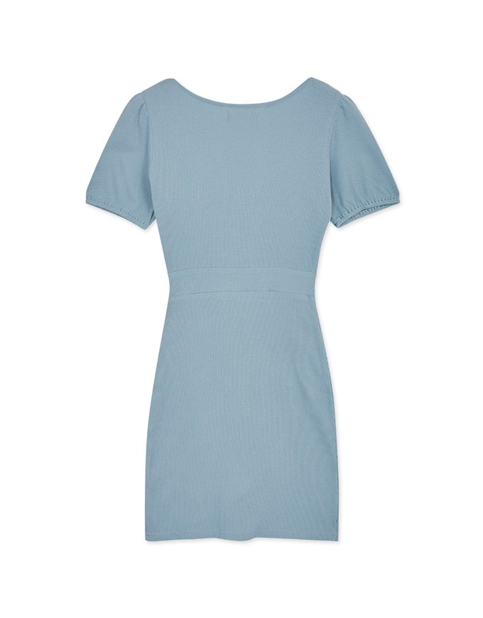 Heart Neck Puff Sleeves Shirred Mini Dress