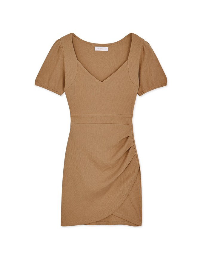 Heart Neck Puff Sleeves Shirred Mini Dress