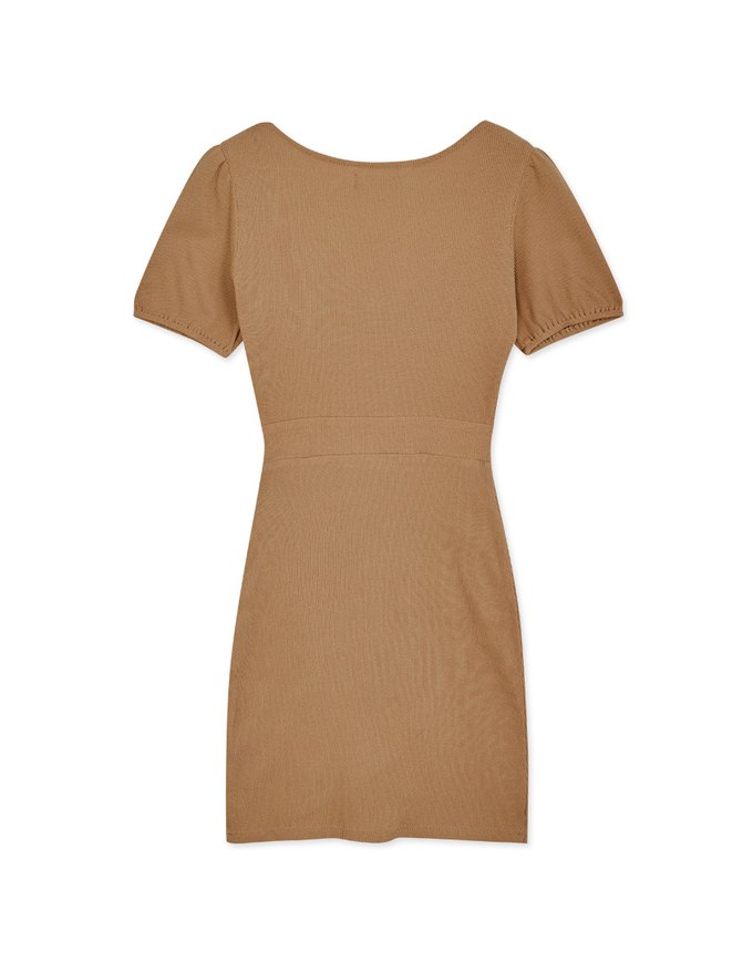 Heart Neck Puff Sleeves Shirred Mini Dress