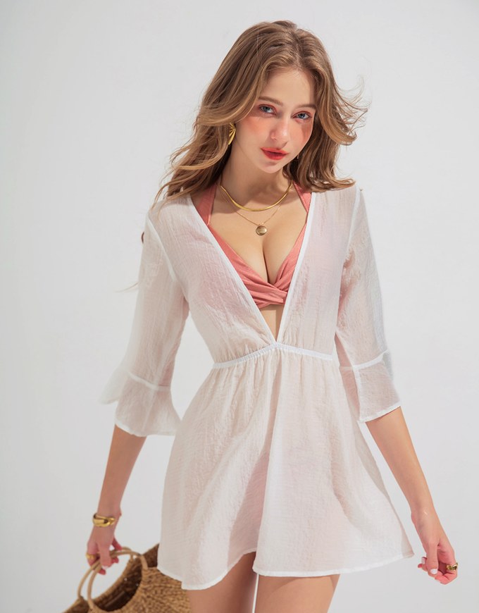 【Beach Cover】Translucent Ruffled Bikini Cover Up Dress