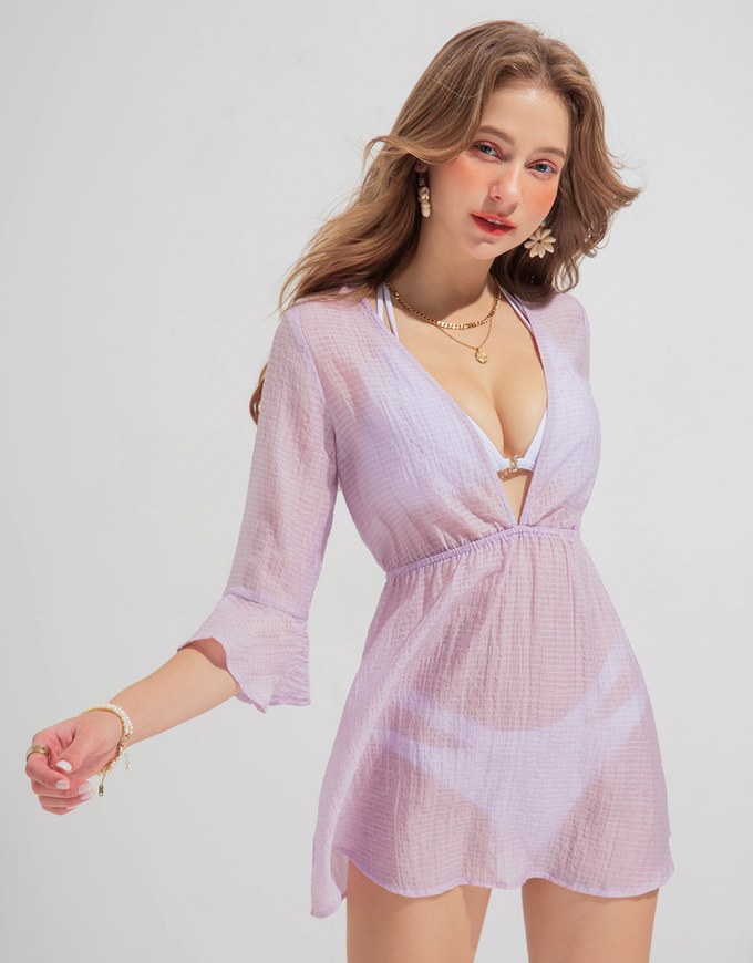 【Beach Cover】Translucent Ruffled Bikini Cover Up Dress