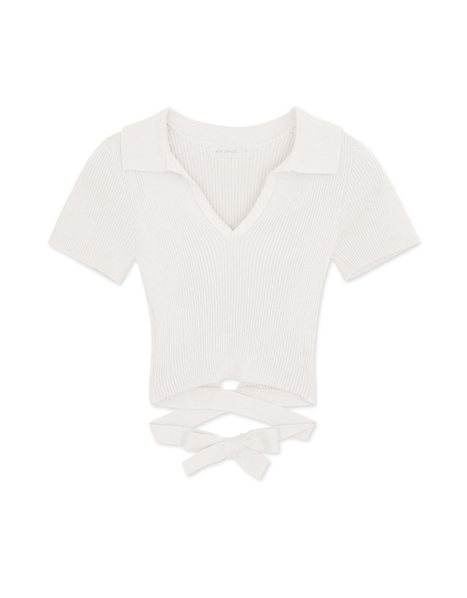 Lapel-Back Tie-Back Knit Top