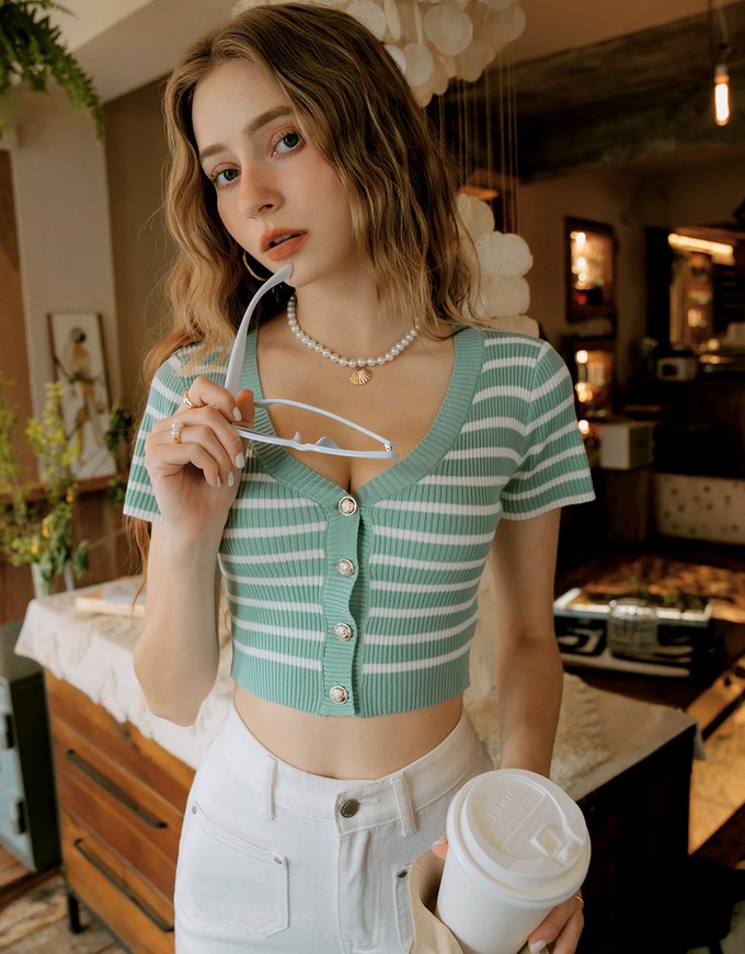 Striped Button- Knit Top