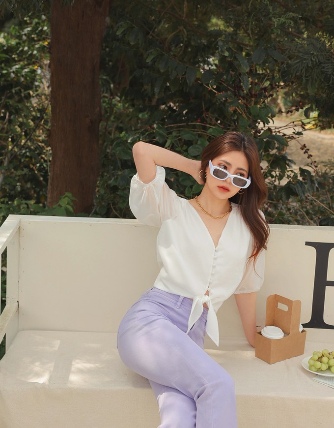 Sheer Buttoned Front Tie Top
