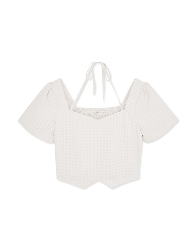 Sheer Plaid Puff Sleeve Tie Top