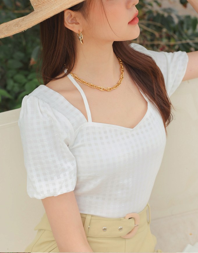 Sheer Plaid Puff Sleeve Tie Top