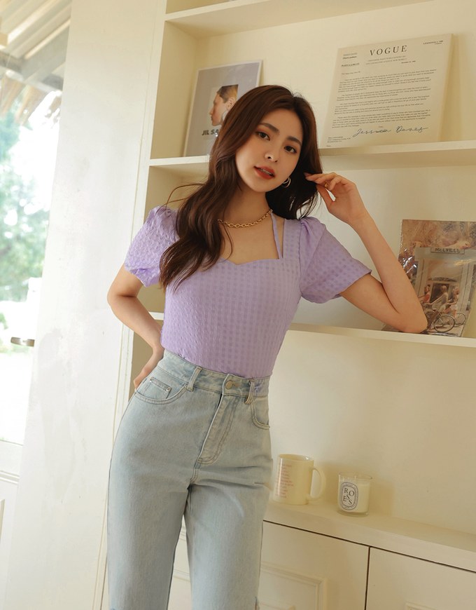 Sheer Plaid Puff Sleeve Tie Top