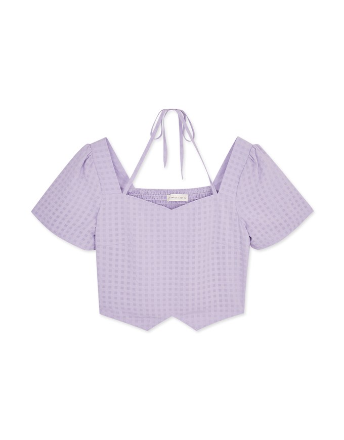 Sheer Plaid Puff Sleeve Tie Top