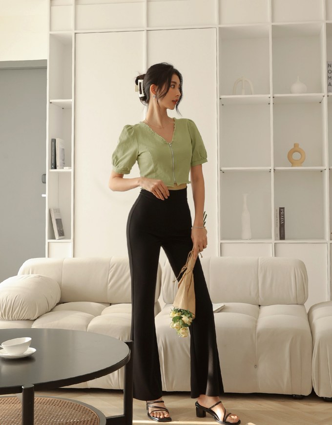V Neck Zipper Crop Top