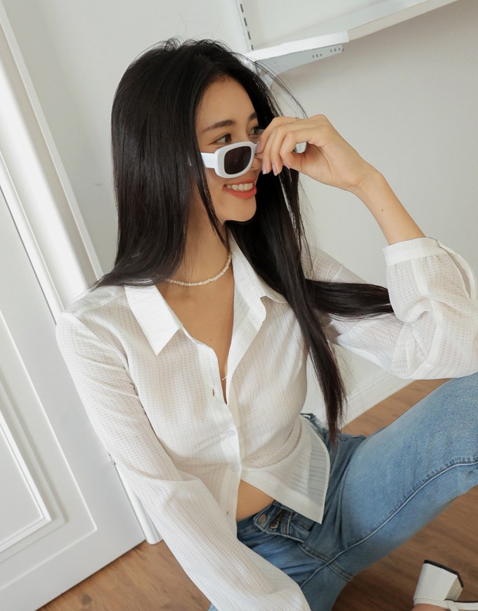 Back Hollow Tie Ribbon Sheer Blouse Shirt