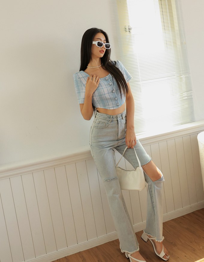 Classic Tweed Checkered Buttoned Top