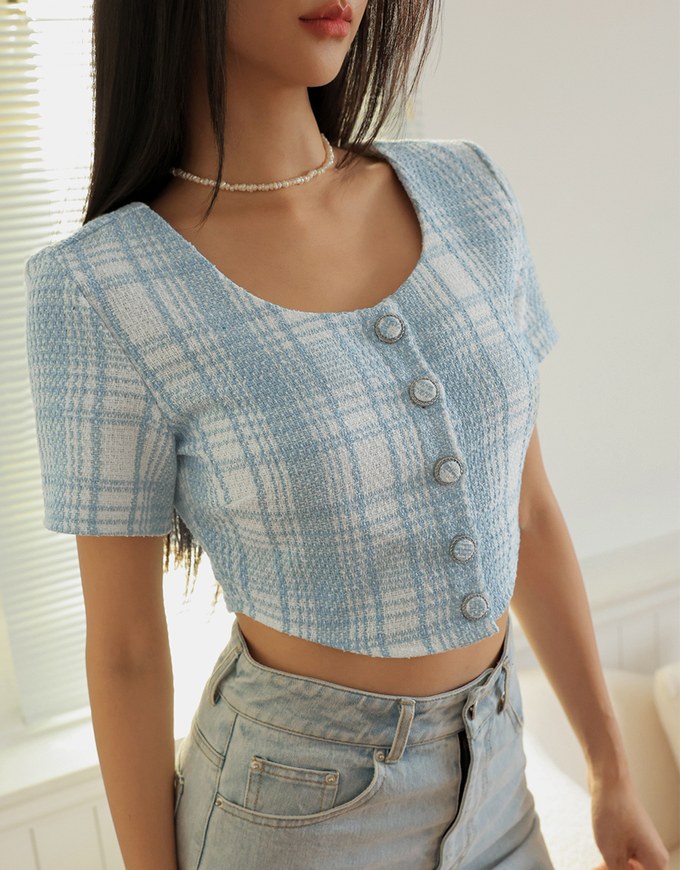 Classic Tweed Checkered Buttoned Top