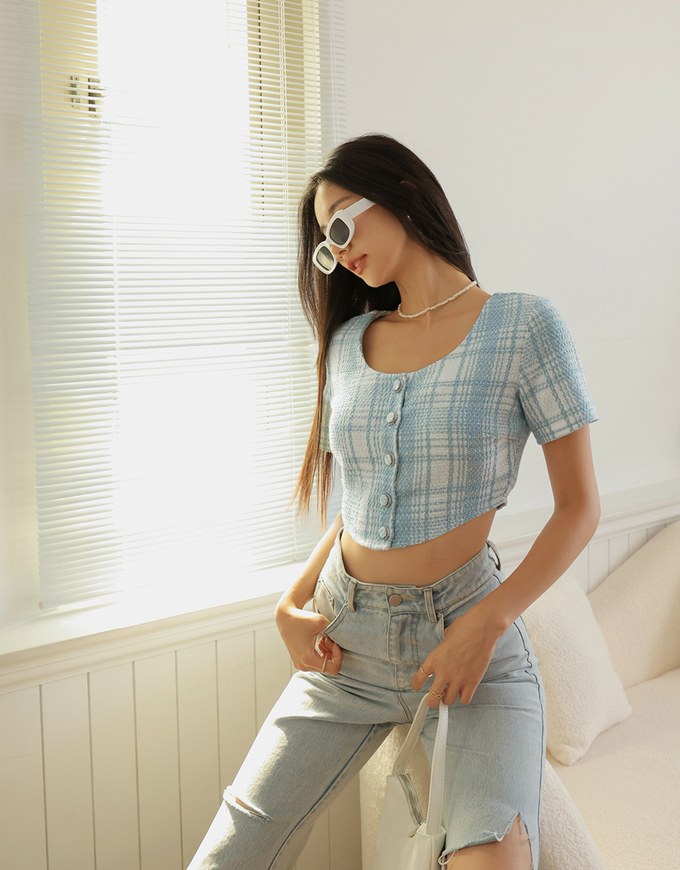 Classic Tweed Checkered Buttoned Top