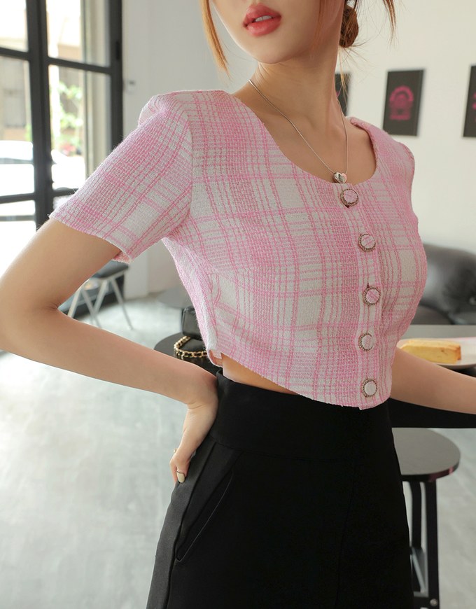 Classic Tweed Checkered Buttoned Top