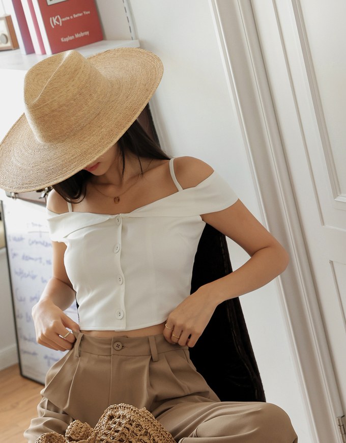 Off-Neck Thin Strap Button-Up Top