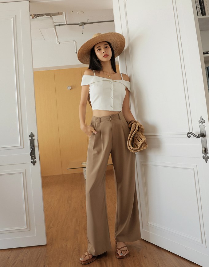 Off-Neck Thin Strap Button-Up Top