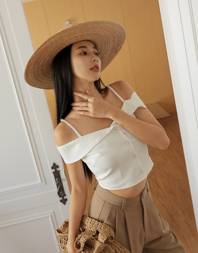 Off-Neck Thin Strap Button-Up Top