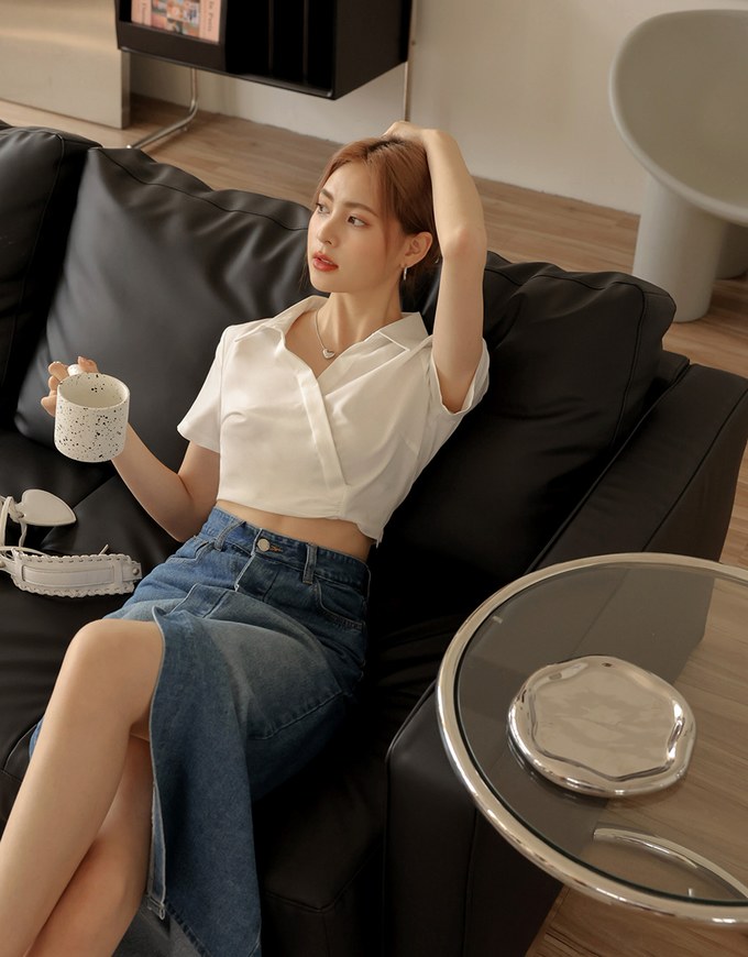 Slant Button Open Collar Top