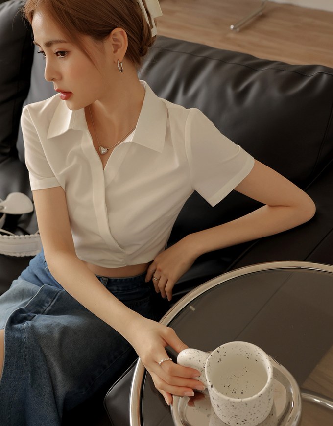 Slant Button Open Collar Top