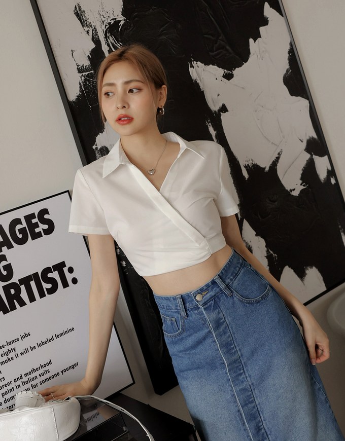 Slant Button Open Collar Top
