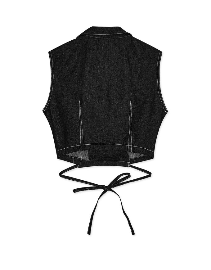 Lapel Collar Denim Jeans Tie-Back Strap Top
