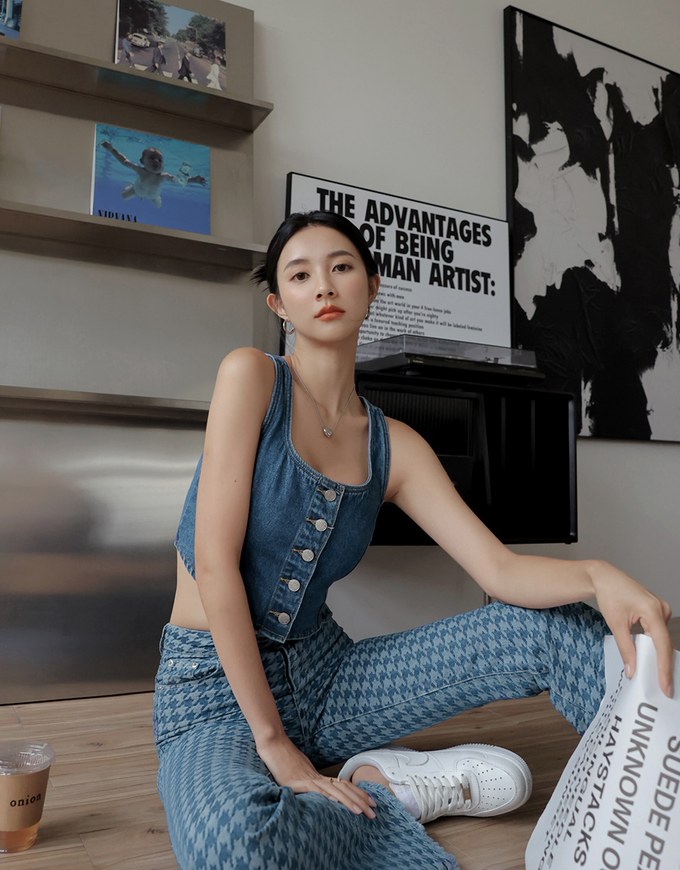 Square Neck Button Denim Jeans Tank Top