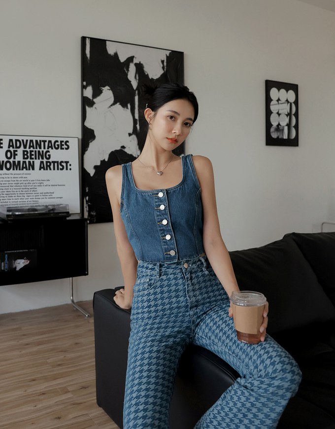 Square Neck Button Denim Jeans Tank Top