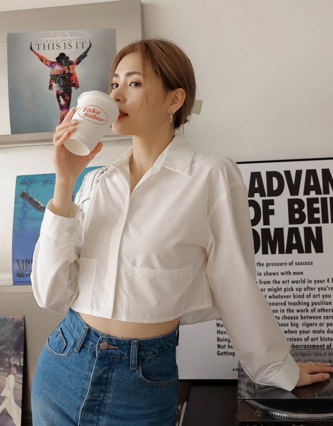 Simple Crop Long Sleeve Blouse Shirt