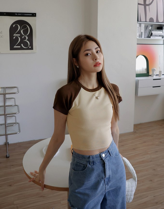 Contrast Color Fitted Short Sleeve Top