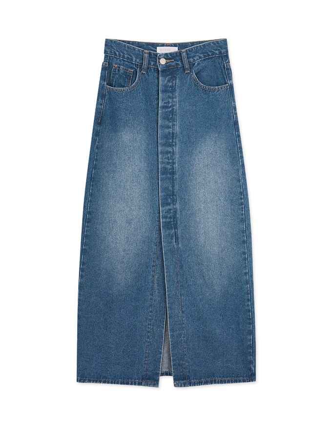 Concealed Placket Slit Denim Jeans Maxi Skirt