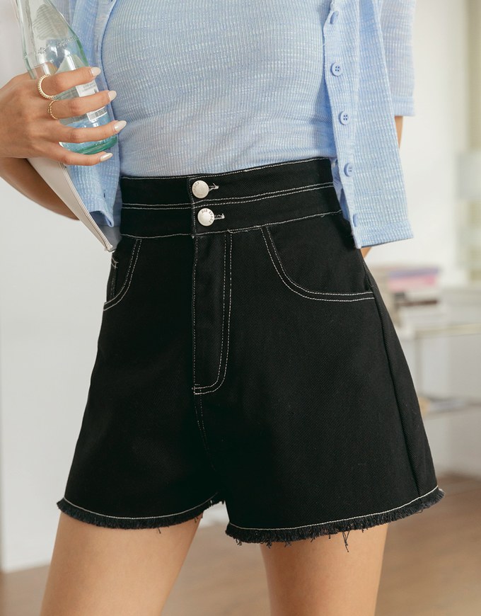 Stitched Distressed Hem Denim Jeans Shorts