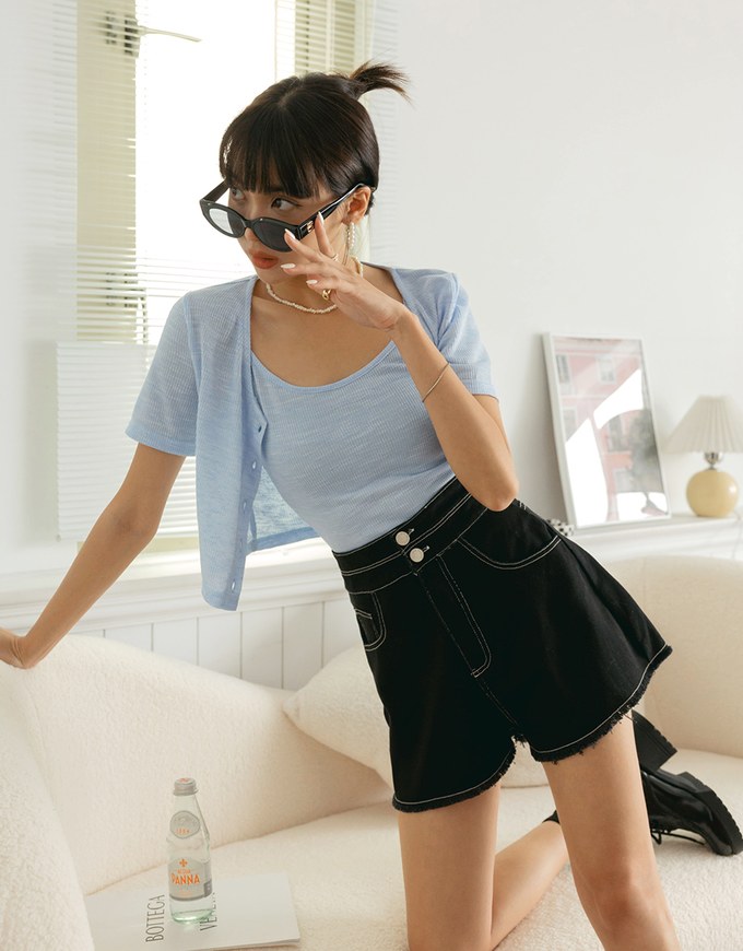 Stitched Distressed Hem Denim Jeans Shorts